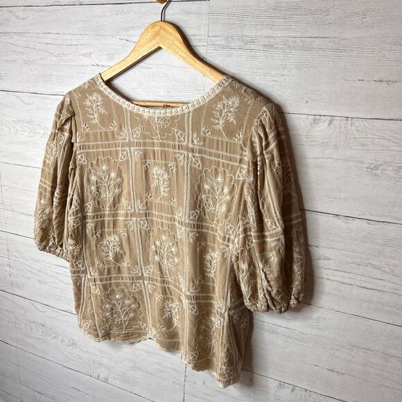 Solitaire Blouse Womens Size Large Beige & Ivory Floral Embroidery Patch Work - Picture 13 of 16